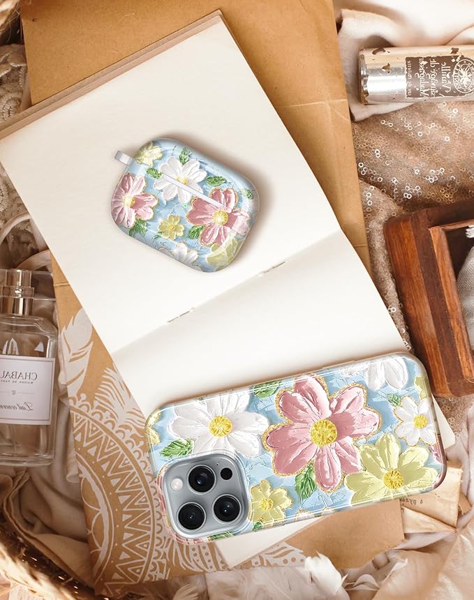 JIAXIUFEN Compatible with AirPods Pro 2 Gen/1 Gen Case Cover Retro Oil Painting Printed Flower Protective TPU Skin Accessories for Women Girl Blue Pink