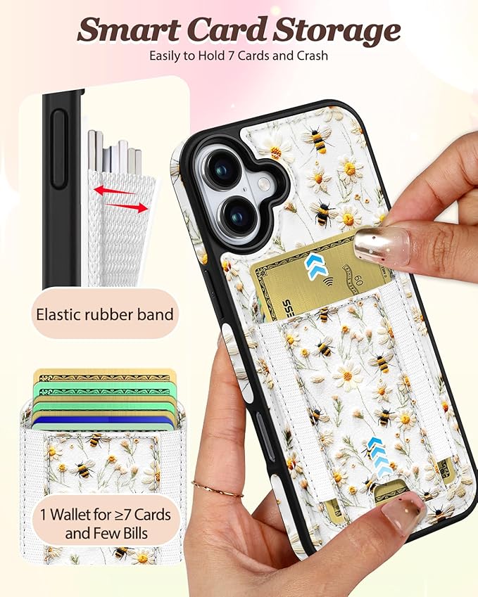 Shorogyt for iPhone 17 Wallet Case - Fits 5 Cards, Compatible with Magsafe Detachable Magnetic Credit Card Holder Leather Cardholder Cute Phone Cover Women Girls for Apple 17, Bee Flower