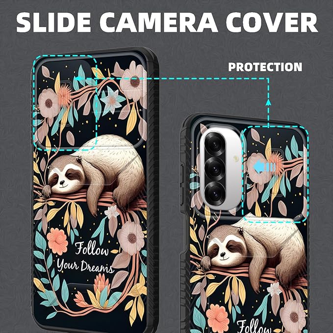 for Galaxy A17 5G Case Built in Slide Camera Lens Cover,Heavy Duty Shockproof Protection Dual Layer Case for Samsung Galaxy A17 5G 6.7" 2025,Cute Baby Sloth On The Tree
