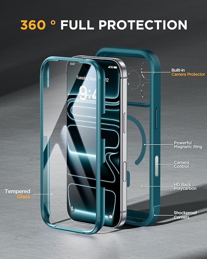Miracase for iPhone 17 Pro Max Case 6.9" Full-Body Phone Case with Built-in Glass Screen Protector& Full Camera Protector,[Magnetic with MagSafe] Drop Proof 17 ProMax Cover, Green