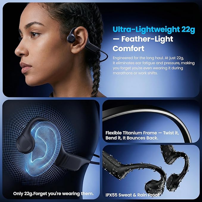 Bone Conduction Headphones - Open Ear Bluetooth 5.4 Wireless Sport Headphones, 10H Playtime, IP55 Sweatproof, Noise-Reduction Mic for Running, Cycling, Hiking, Office Work (Deep Black)