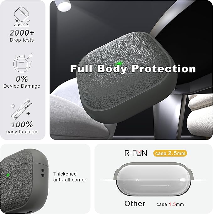 R-fun for Airpods 4 Case, Soft TPU (Leather-Like Design) Drop Protection Cover for Men and Women with Lanyard and Cleaner Kit, Compatible with Apple Latest Airpods 4th Gen(USB-C)(2024)-Grey