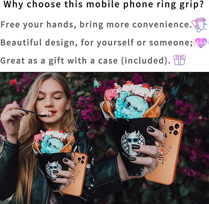 TACOMEGE Bee Cell Phone Ring Holder gift for girls women, Crystal Finger Ring Kickstand Compatible with Smartphone, Tablet, E-reader (Rose Gold)