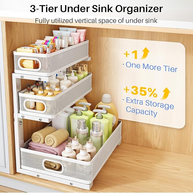 HERJOY Under Sink Organizer, 2-Pack 3-Tier Height Adjustable Thickened Metal Pull out Cabinet Organizer Shelf, Slide out Storage Drawer Rack for Bathroom Kitchen Pantry Home Laundry Organization White