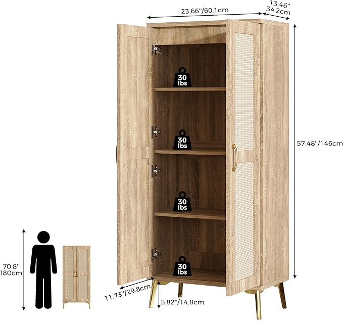 JASIWAY Tall Bathroom Storage Cabinet with Doors and Shelves, 57" Linen Deep Floor Cabinet for Laundry Room Kitchen, Freestanding Pantry for Towel, Adjustable Shelves, Anti-Tipping Device, Wood