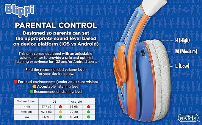 eKids Blippi Kids Headphones with 3.5mm Jack, Wired Headphones with Adjustable Headband and Volume Control, Earphones for School, Home, or Travel (Blippi)