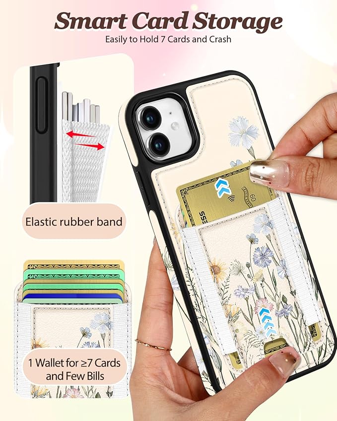 Shorogyt for iPhone 11 Wallet Case - Fits 5 Cards, Compatible with Magsafe Detachable Magnetic Credit Card Holder Leather Cardholder Cute Phone Cover Women Girls for Apple 11, Color Flower