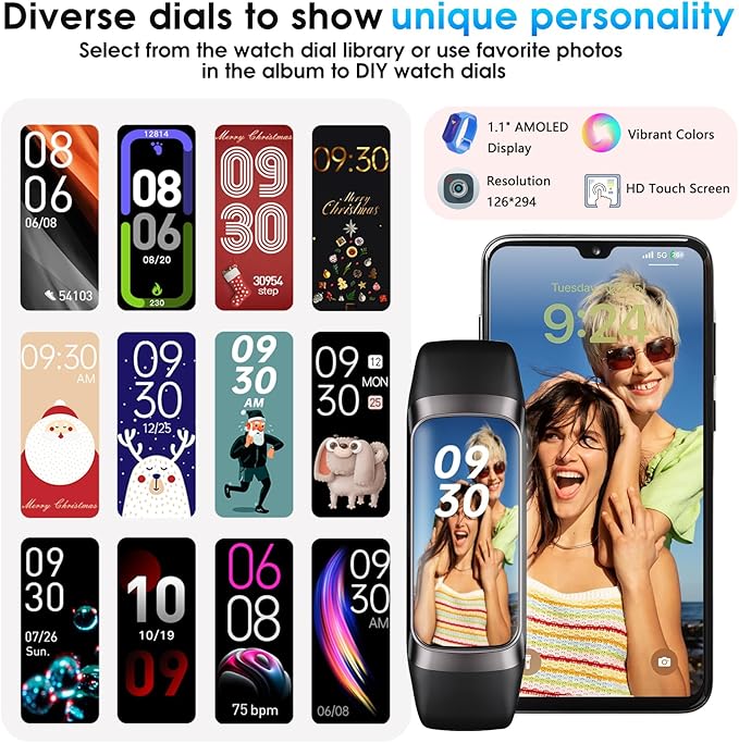 Fitness Tracker, 24/7 Heart Rate Blood Oxygen Blood Pressure Body Temp Monitor Sleep Calorie Tracker with 1.1" AMOLED Touch Color Screen Pedometer Smart Watch Waterproof for Women Men