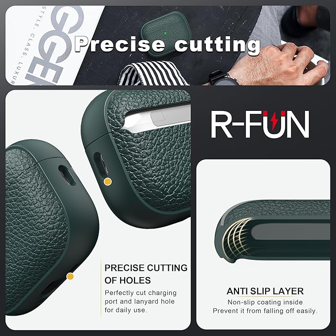 R-fun for AirPods Pro 3 Case 2025, Soft TPU (Leather-Like Design) Drop Protection Cover for Men and Women with Lanyard and Cleaner Kit, Compatible with Apple AirPods Pro 3rd Generation-Green