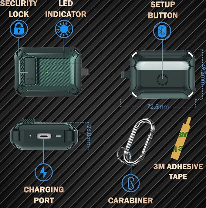for Airpods Pro 2/1 Gen Case Cover with Lock Clip (2019/2022/2023), Rugged Locking Protective Case for Airpod Pro 2nd Generation Shockproof Armor Skin for Apple iPod Pro, Army Green