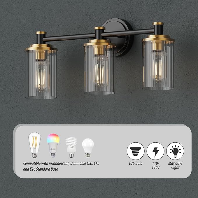 Bathroom Lighting Fixtures Black and Gold Bathroom Vanity Light with Cylindrical Clear Stripes Glass Lampshade E26 Socket Base Bathroom Lighting Fixtures Over Mirror (3 Lights)