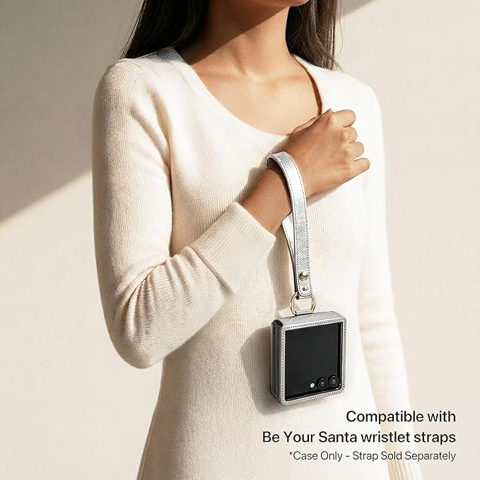 [BeYourSanta] Galaxy Z Flip 7 Case with Ring - Avant-Garde Handmade Saffiano Vegan Leather Case, Anti-Scratch Hinge Protection, Made in Korea (3 Pockets, Light Silver)