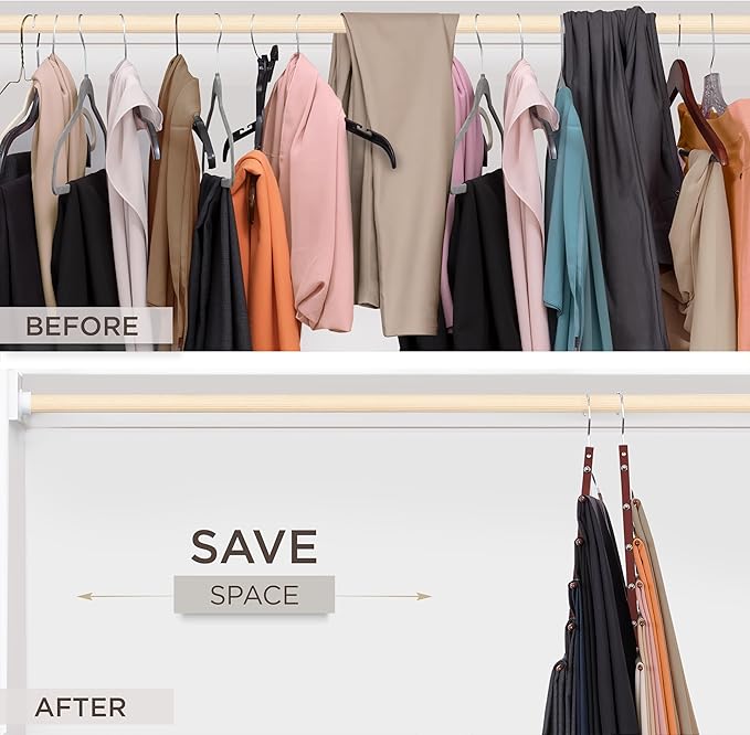 MORALVE Pants Hangers Space Saving - 2 Pack European Beechwood Scarf and Jean Hangers - Closet Organizer and Space Saver Pant Rack, Leggings Hanger, and Scarf Holder with 360° Swivel Hook