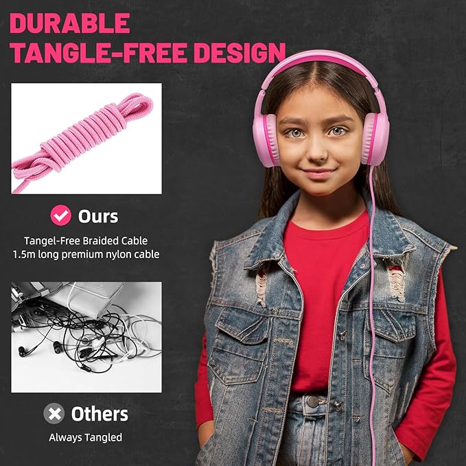 Pink Wired Headphones for Boys Portable On Ear Youth Headphones for School Airplane Travel Lightweight Portable Compatible with Pad Computer Laptop for Adults Student Children Girls Kids