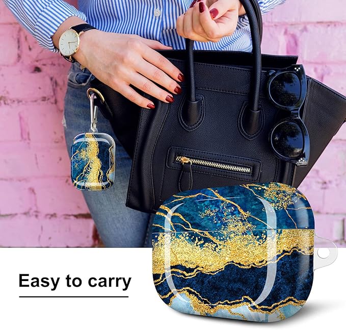 JIAXIUFEN Compatible with AirPods Pro Case Cover Gold Sparkle Glitter Marble Design Cute Full Protective Silicone TPU Skin Accessories for Women Girl Dark Blue