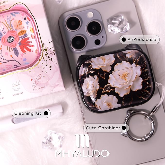 for AirPods Pro 2 Case with Cleaning Kit, Cute Cat Ear Print Design & Cute Buckle for Girls, Phone Holder & Top Safe Lock Buckle Design for AirPods Pro 2nd/1st Gen case, Black Peony