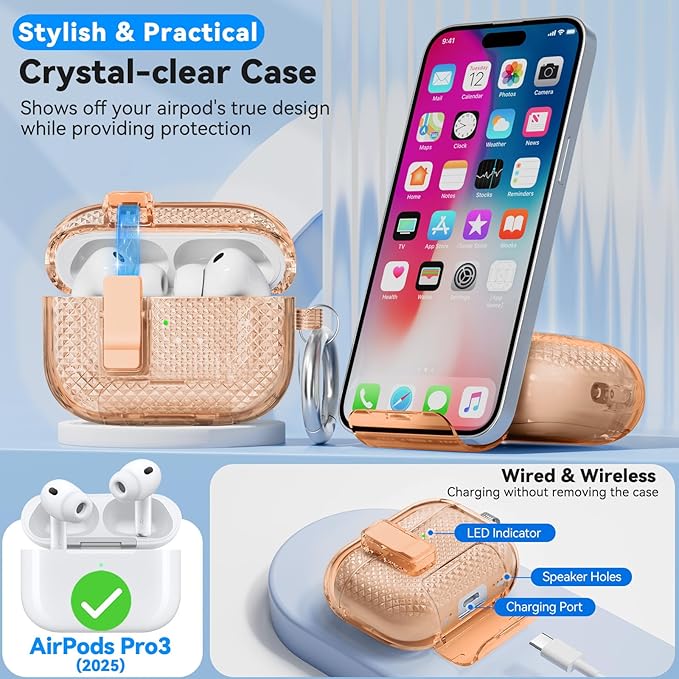 for AirPods Pro 3 Case 2025 with Phone Stand & Secure Lock, Auto-Open Clear Case Cover Compatible with Apple AirPods Pro 3rd Generation with Cleaning Kit & Keychain