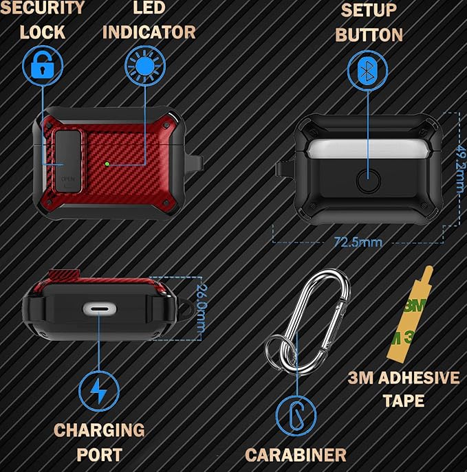 for Airpods Pro 2/1 Gen Case Cover with Lock Clip (2019/2022/2023), Rugged Locking Protective Case for Airpod Pro 2nd Generation Shockproof Armor Skin for Apple iPod Pro, Black/Red