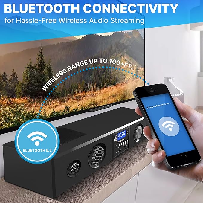 Pyle 3D Surround Bluetooth Soundbar - Sound System Bass Speakers Compatible to TV, USB, SD, FM Radio with 3.5mm AUX Input , Remote Control, For Home Theater - PSBV200BT,Black