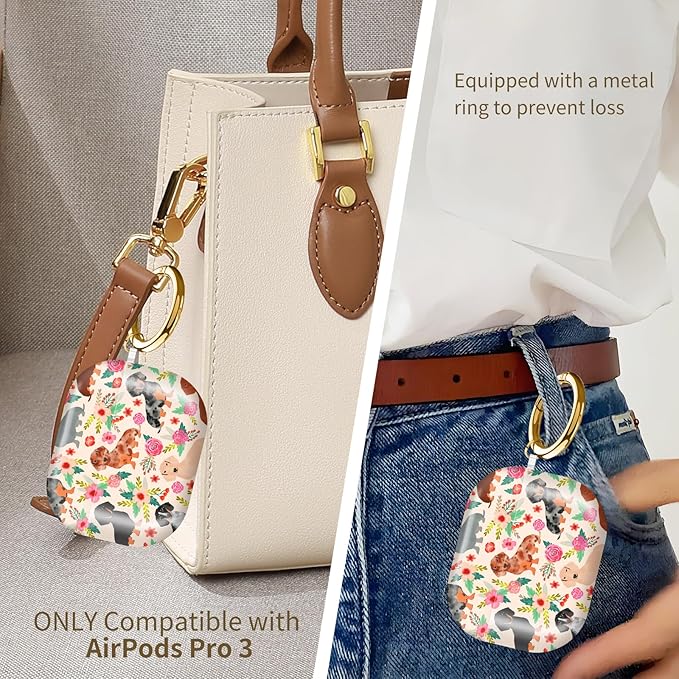Compatible with AirPods Pro 3 (2025) Case, Airpod Pro 3 Protective Cover with Cute Golden Keychain for Girls & Women (Dachshund Sausage Dogs Puppies Pink Flowers)
