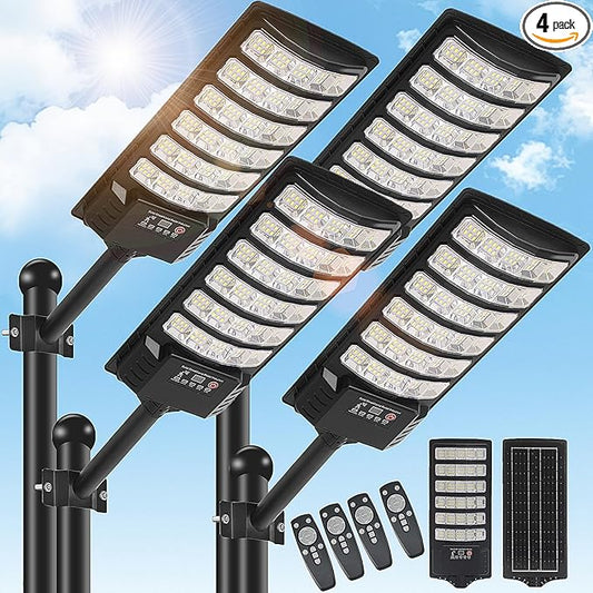 4 Pack Solar Street Light Outdoor 30000LM 6500K Waterproof Motion Sensor LED Solar Powered Flood Light with Remote Control Dusk to Dawn Commercial Area Lighting for Outside Parking Lot