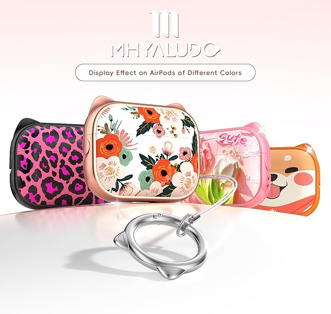 for AirPods Pro 2 Case with Cleaning Kit, Cute Cat Ear Print Design & Cute Buckle for Girls, Phone Holder & Top Safe Lock Buckle Design for AirPods Pro 2nd/1st Gen case, Rose Gold Flower