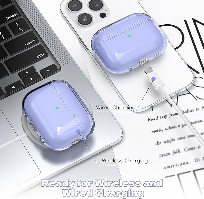 for Airpods Pro 2nd/1st Generation Case Cover, Compatible with Airpods Pro Case 2nd Gen USB C Charging Port, Clear Soft Transparent Military Grade Shockproof Case, Clear Purple