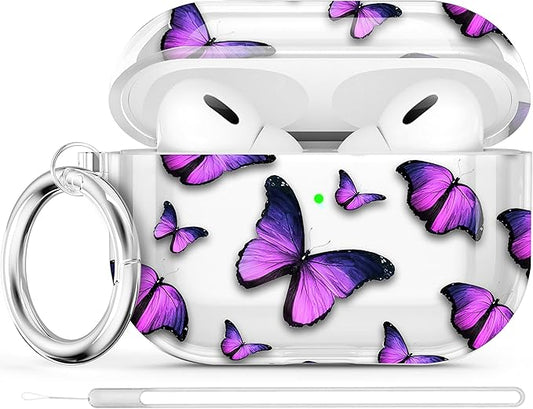 Maxjoy for AirPods Pro 2nd Generation Case, Clear AirPods Pro 2 Case for Women Men Cute Protective AirPod Pro 2 Cover with Keychain Strap for AirPod Pro 2nd Gen Cover 2023/2022, Purple Butterfly