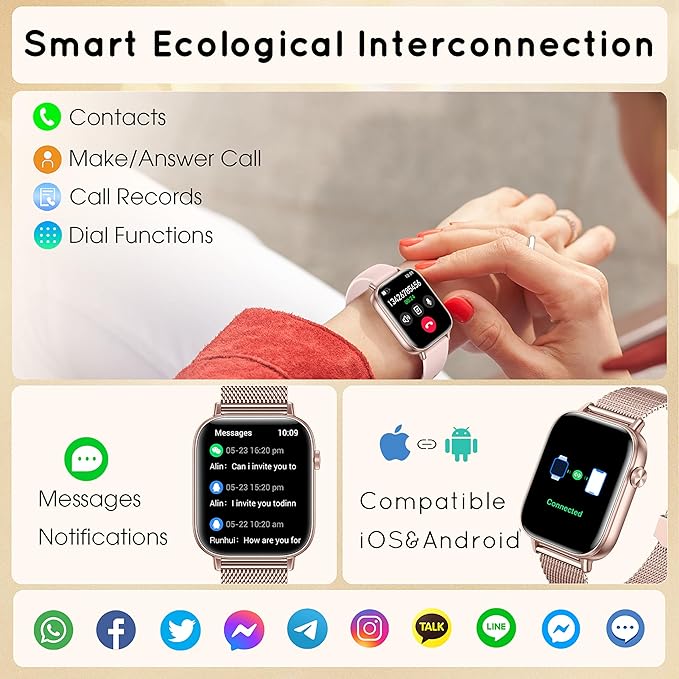 Smart Watch for Women (Answer/Make Calls) 1.83" HD Fitness Step Tracker Smartwatch Compatible Android iPhone Phones with Heart Rate/Sleep Monitor, 120+ Sports IP68 Waterproof, Rose Gold/3 Bands