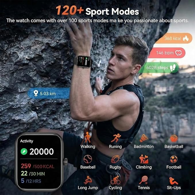 Smart Watch for Men Women with Alexa Built-in, 1.83" HD Full Touch, Bluetooth Calling, 24/7 Heart Rate Sleep Monitor, 100+ Sport Modes, IP68 Waterproof, Compatible with iOS Android (Black)