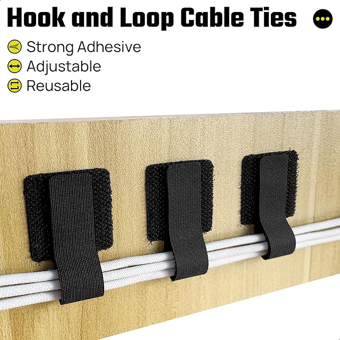 40 PCS Hook and Loop Cable Ties, Self Adhesive Cable Straps, Cable Management Under Desk, Adjustable Cord Organizers for Office Home and Kitchen, Black