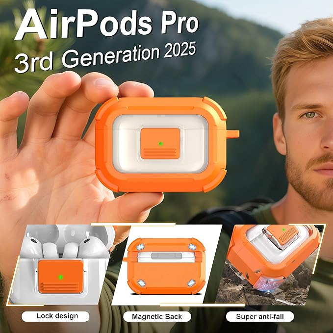 RFUNGUANGO for AirPods Pro 3 Case, Compatible with AirPods Pro 3 Generation Case (2025), Compatible with MagSafe, Magnetic Automatic Lock with Cleaner Kit and Keychain, Front LED Visible, Orange