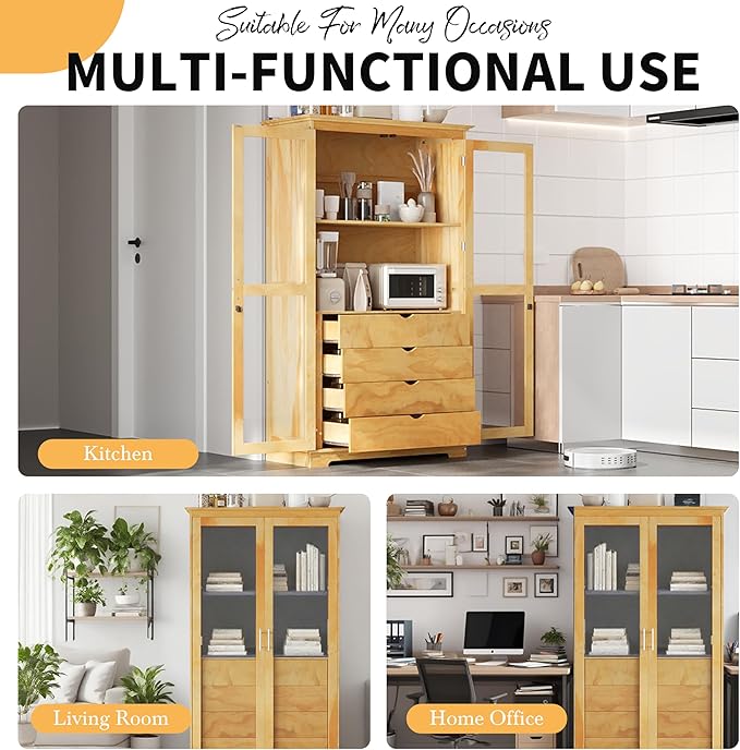 Kitchen Pantry Cabinet 44.7Wx20Dx75H inch, Freestanding Storage Display Cabinets with Glass Doors and 4 Built-in Drawers for Living Room, Home Office,Natural