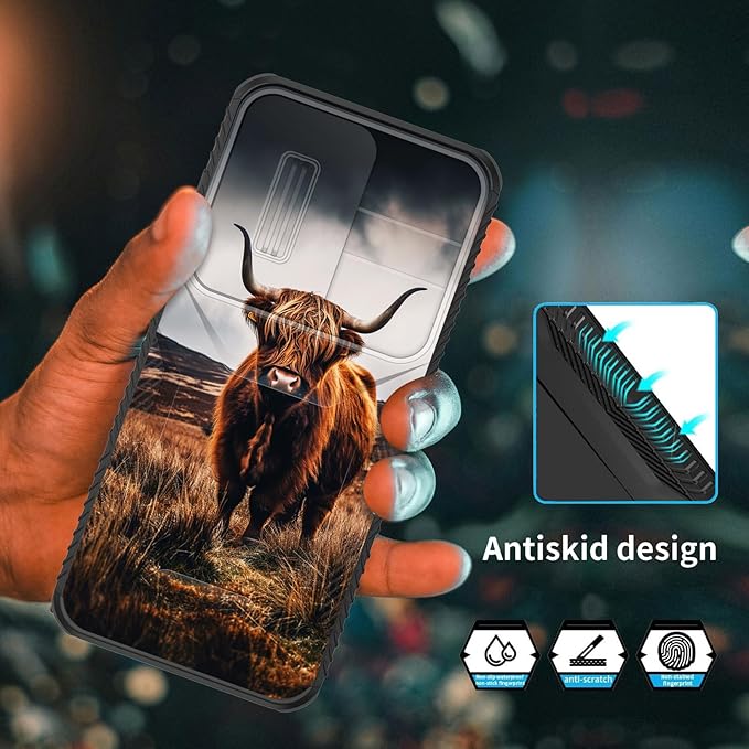 for Galaxy S26 Case Built in Slide Camera Lens Cover,Heavy Duty Shockproof Protection Dual Layer Case for Samsung Galaxy S26 6.3" 2026,Brown Highland Cow