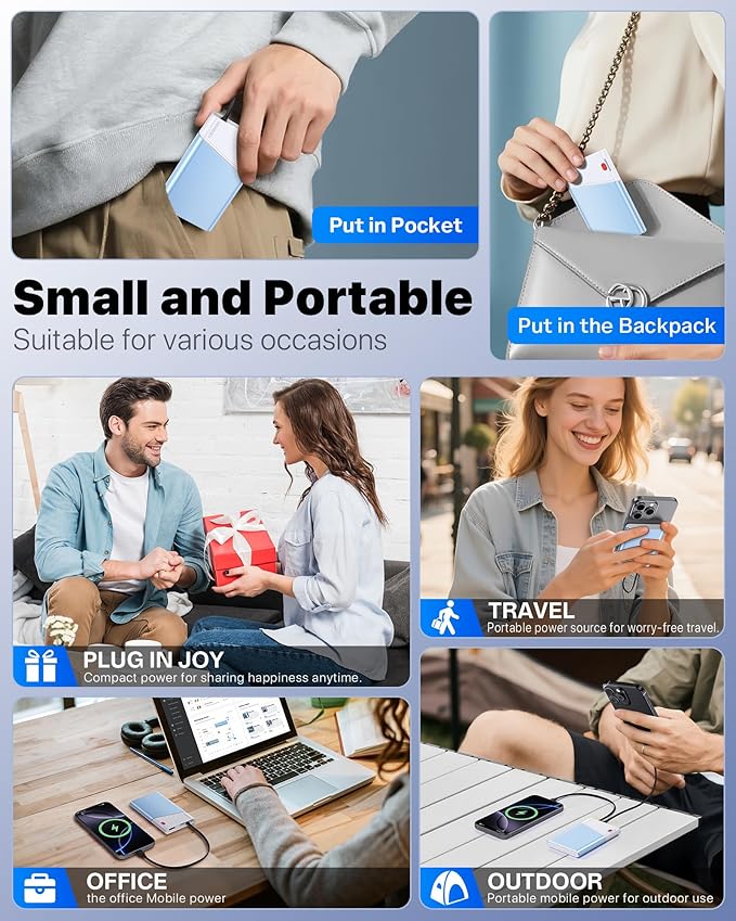 Portable Charger Power Bank, 10000mAh 22.5W PD Fast Charging Powerbank with Built-in USB C Cable, Slim External Phone Battery Pack for iPhone 17/16/15 Samsung S24 Android etc (Blue)