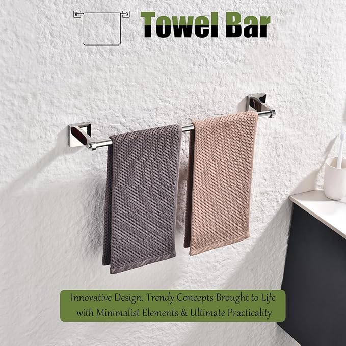 Miyili Bathroom Towel Bar 18-Inch, SUS304 Stainless Steel Wall Mounted Towel Holder, Rustproof Towel Hanger, Single Bar Bathroom Accessories, Polished, 2-Pieces