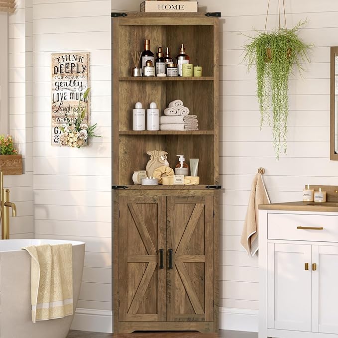 TEENFON Farmhouse Corner Cabinet, 70" H Tall Corner Hutch with 5 Shelves & 2 Barn Doors, Storage Cabinet with Adjustable Shelf, for Living Room, Kitchen, Bathroom, Honey Brown
