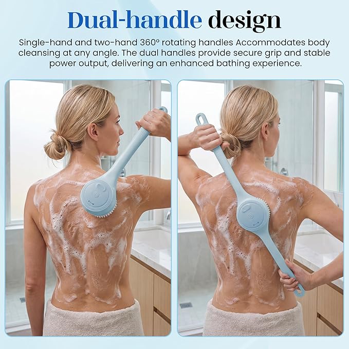 Electric Body Brush Back Scrubber for Shower，5 Replaceable Heads and Hook,Waterproof Long Dual Handle Power Body Scrubber 2 Speeds, for Cleansing Body, Exfoliating and Massaging Skin.