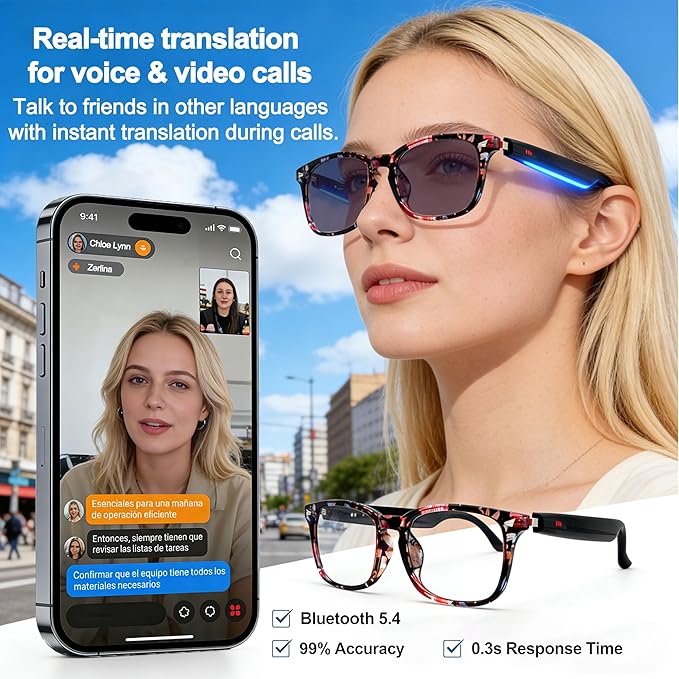 AI Smart Wireless Bluetooth Translation Glasses for Men/Women with Speakers/Bluetooth&140+ Languages Translation Sports/Travel/Drive/Busniess (C3+AI+Color Change Lenses+BaoHua)