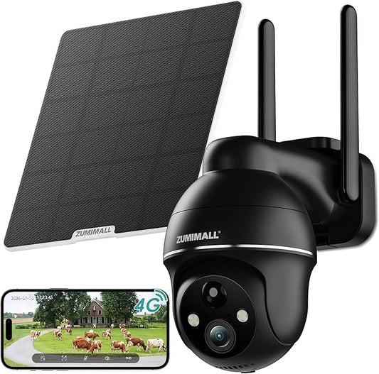 ZUMIMALL 4G LTE Cellular Solar Security Cameras Wireless Outdoor, 3MP No WiFi Cameras for Home Security, 360° Live View, 2K Color Night Vision, PIR Motion Sensor, 2 Way Talk, Built in SIM Card