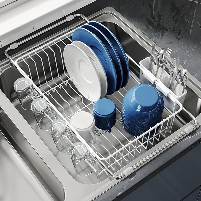 JASIWAY Dish Drying Rack in Sink, Small Dish Drainers for Inside Sink, Over The Sink Dish Racks, Stainless Steel Drying Rack with Utensil Holder, White