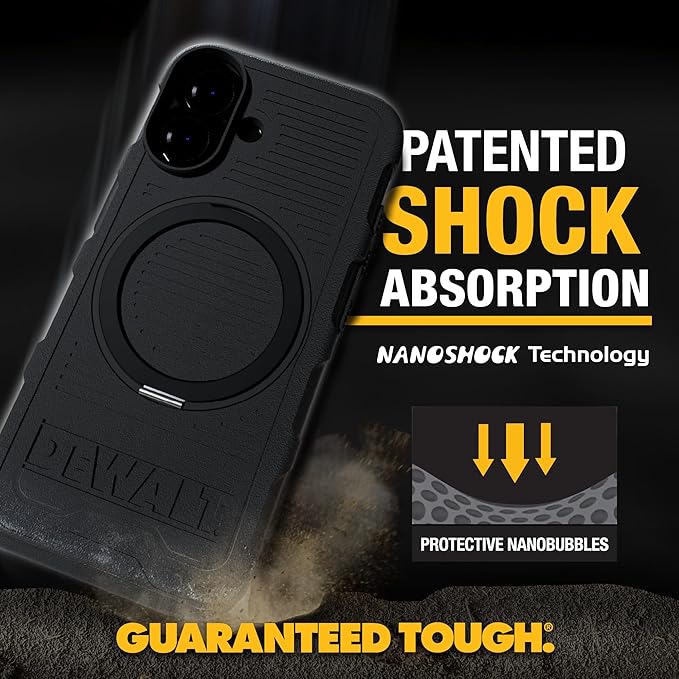 DEWALT Phone Case & Screen Protector Bundle for iPhone 16 – 360° Rotatable Magnetic Ring Stand + 2-Pack Tempered Glass for Ultimate Protection