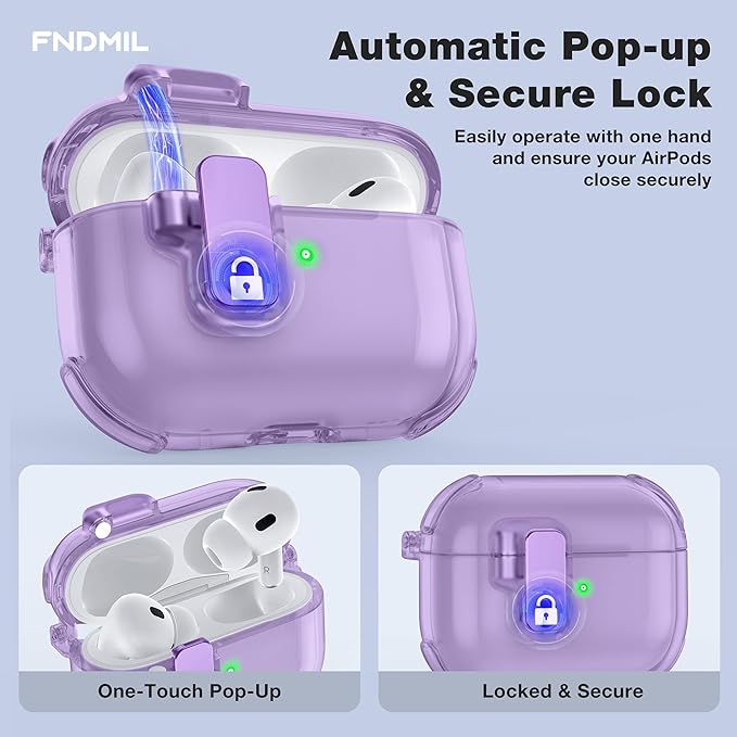 Clear Case for AirPods Pro 2 Case Cover with Lock Safety&Pop Up [Military Shockproof]Anti-Yellow Transparent Wireless Charging for AirPods Pro 2nd/1st Generation Case with Keychain,Clear Purple