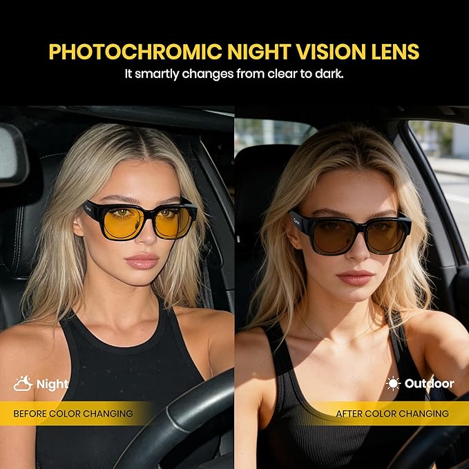 Cyxus Photochromic Day Night Vision Driving Glasses Men Women Fit Over Polarized Wrap-Around Eyeglasses 1304Hi