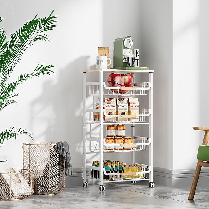 5-Layer Fruit Basket Kitchen Food Organizer and Rack, Stackable Storage Cart with Desktop, Pull-Out Hollow Metal Basket, Wheeled Sorting Rack Spice Rack, Black