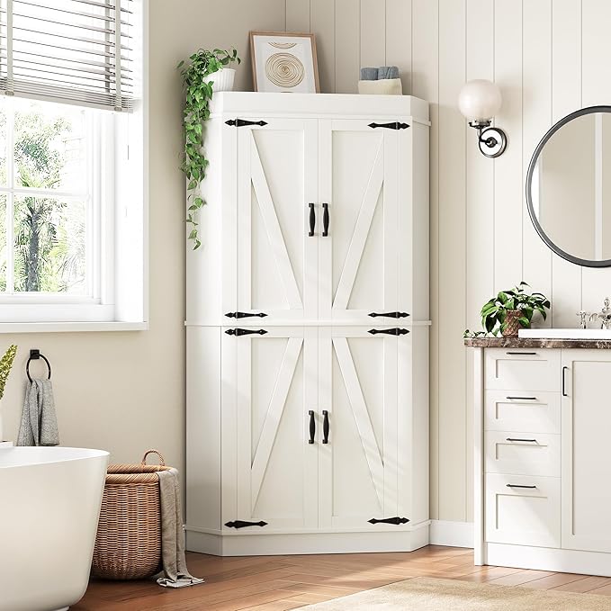 Corner Cabinet,71'' Kitchen Pantry Storage Cabinet with 4 Doors and Shelves, Tall Food Pantry Storage Cabinet Farmhouse Furniture for Kitchen Dining Room, White
