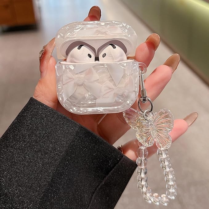 Compatible for AirPods 4 Case Cute Elegant Bow Design with Glitter Butterfly Strap SKeychain Shell Pearl Shockproof TPU Protective Cover for Girls Women (4th - White Bowknot)