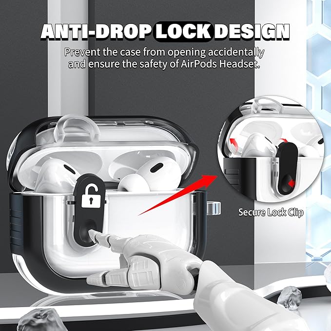 for Airpods Pro 2nd Generation Case with Secure Lock, Compatible with Airpods Pro 2nd/1st Gen, Clear TPU Transparent Military Grade Shockproof Case. Black