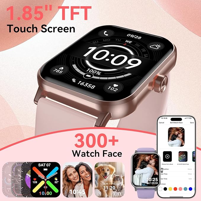 Smart Watch, 1.85" HD Fitness Tracker with Bluetooth Calls, 5 ATM Waterproof, 24/7 Heart Rate/Sleep Monitor, Pedometer, Calories, 130+ Sport Modes, Smartwatch for iOS Android (Pink)