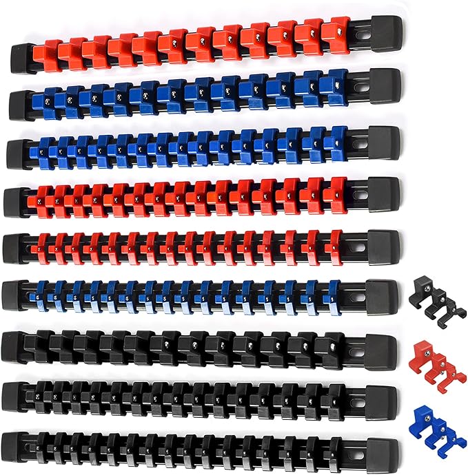ALOANES 9PC ABS Socket Organizer, Socket Rails Fit 1/2 inch, 3/8 inch and 1/4 inch Drive, Heavy Duty Socket Holders Hold up to 129 Sockets, Black Rails with Red Blue Black Clips